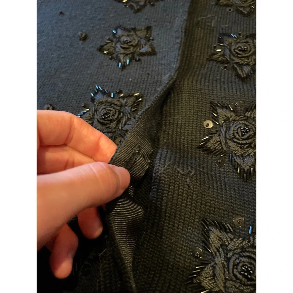 Marisa Christina Women Cardigan Large Black Beaded Floral Wool Blend Sweater‎